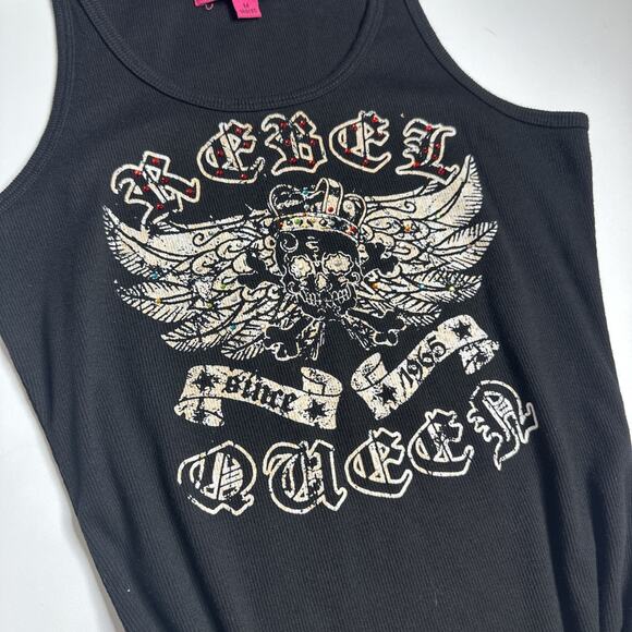 Vintage Y2K Le Paco Rebel Queen Skull Tank Top Rhinestone Goth Biker M Mcbling - Picture 5 of 8